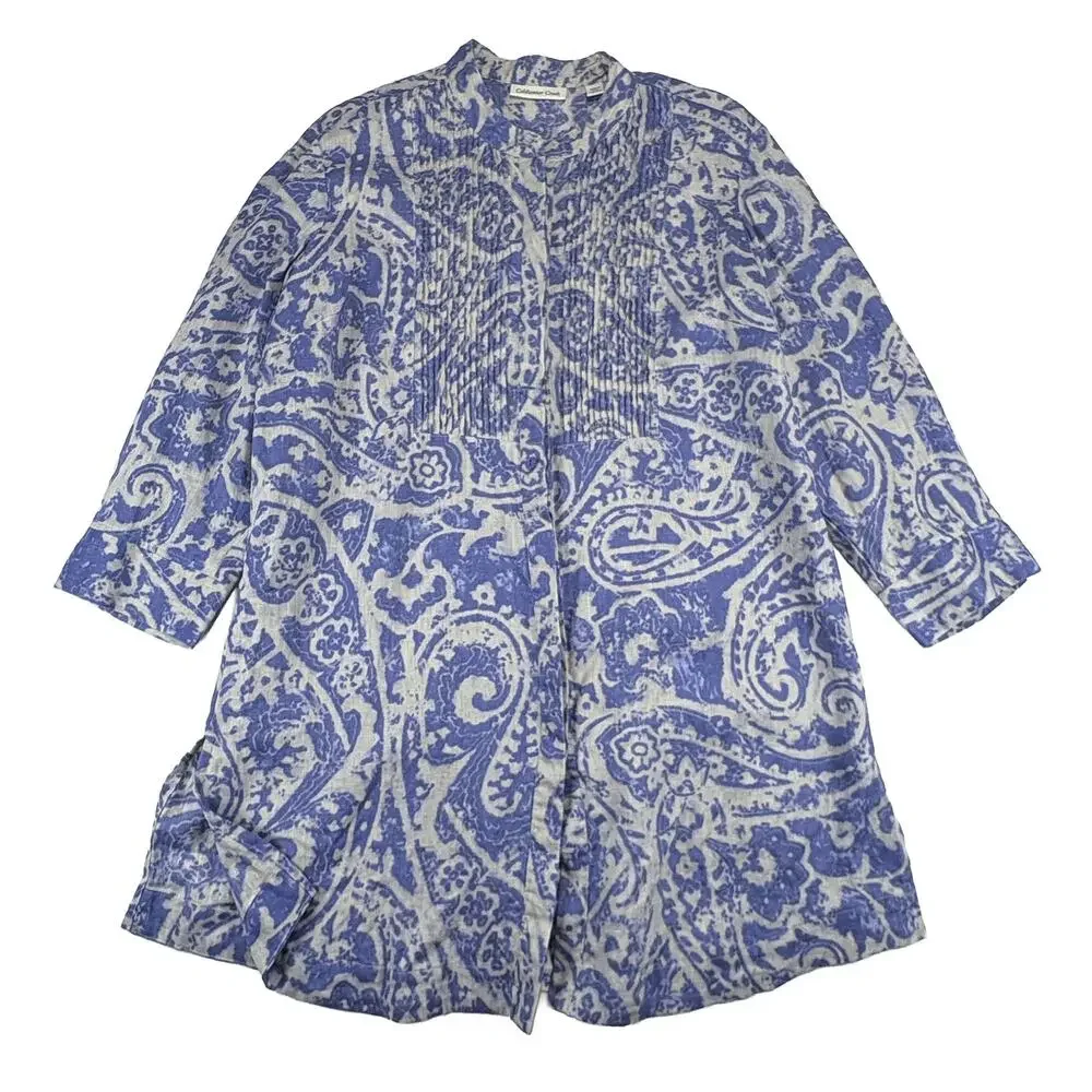 Coldwater Creek Linen Paisley Tunic Women 1X Blue White Pintuck Coastal
